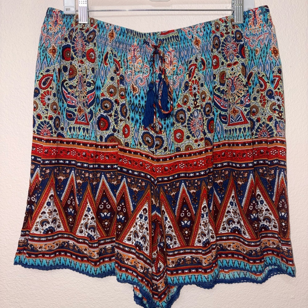 Boho Paisley Print Flowy Shorts Women’s 2X Elastic Waist Tassel Tie Summer